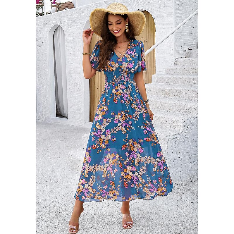 Women's Sheath Dress Chiffon Dress Sundress Floral Graphic Elastic Waist Print V Neck Cold Shoulder Long Dress Maxi Dress Elegant Tropical Party Date Short Sleeve Summer Spring 23