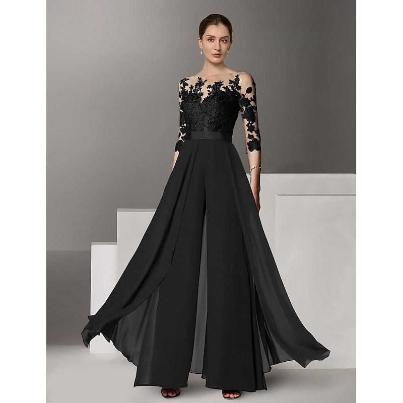 Jumpsuit Mother of the Bride Formal Wedding Guest Elegant Party Scoop Neck Ankle Length Chiffon Lace 3/4 Length Sleeve with Appliques4