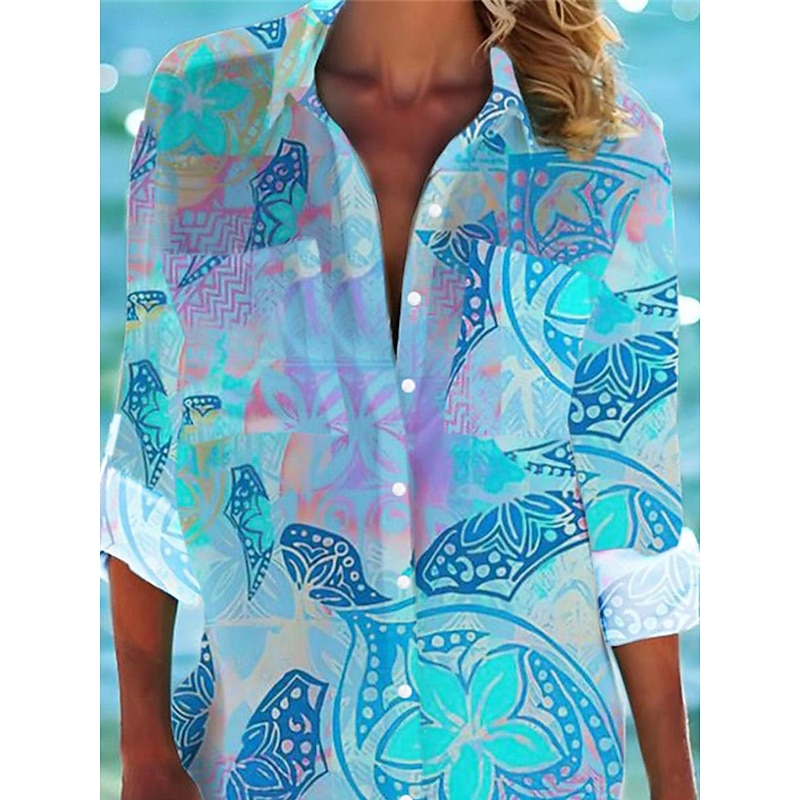 Women's Mini Dress Shirt Dress Hawaiian Shirts  Flowy  Fashion Buttons Print Long Sleeve Long  Shirt Collar Casual Holiday Beach White Blue Purple Summer Holiday Clothes Beach Wear3