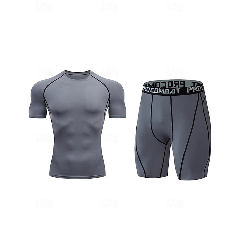 Men's Compression Tops Shorts and T Shirt Set Sports T-Shirt Crew Neck Short Sleeve Outdoor Daily Running Gym Fast Dry Breathable 2 Piece Plain Black White Activewear Sport Casual2