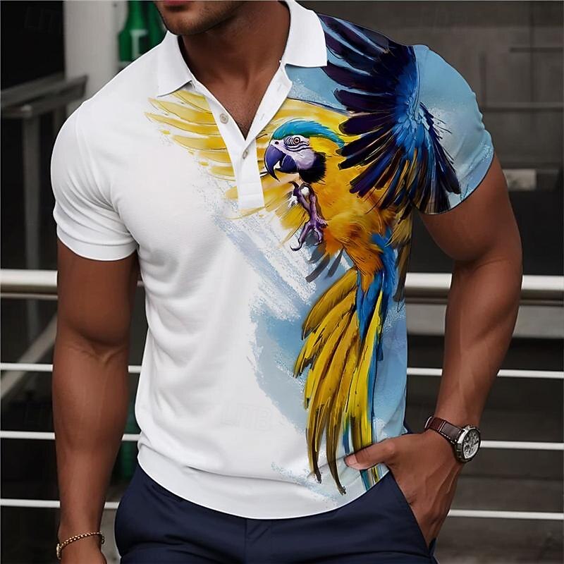 Men's Parrot Hawaiian Polo Shirts Golf Shirt Short Sleeve Polo Shirts Collared Shirts Casual Funny Beach Wear Vacation Wear Party Outfits Buttons 3D Print Summer Yellow Blue Green