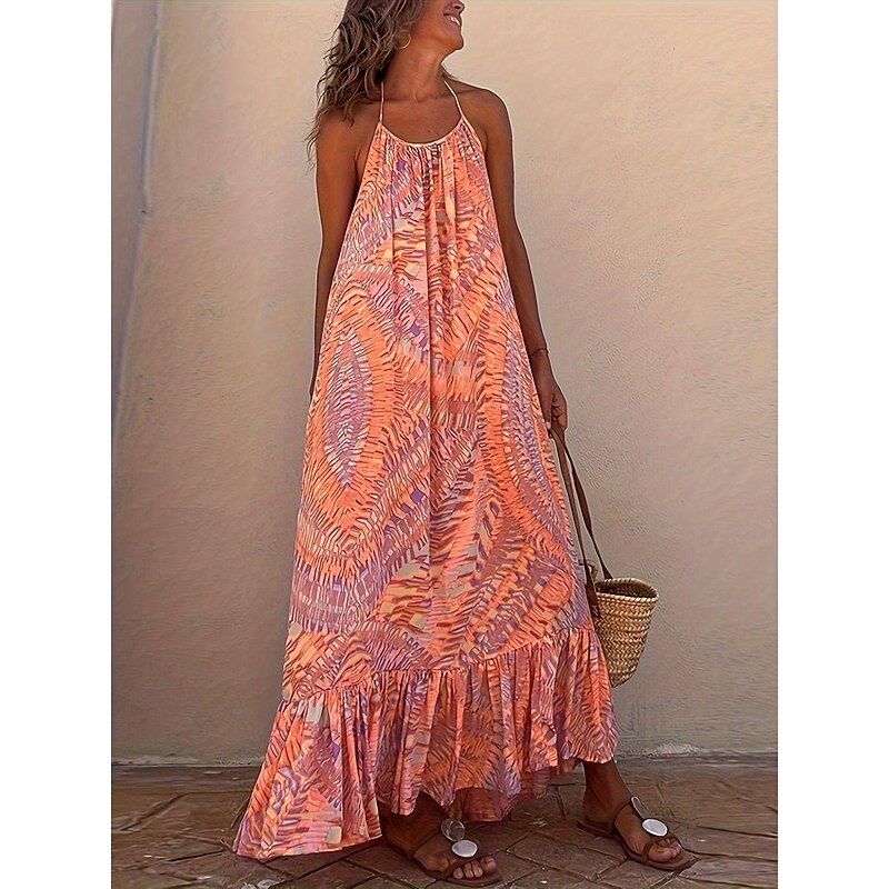 Women's Tie Dye Halter Neck Long Dress Maxi Dress Hawaiian Beach Sleeveless Summer