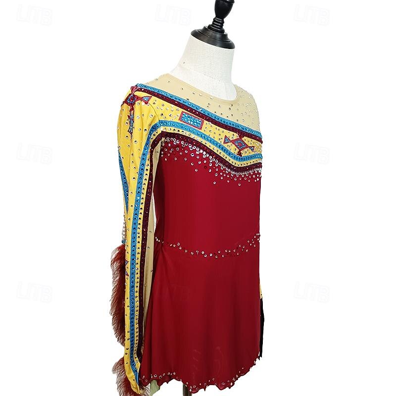Figure Skating Dress Women's Girls' Ice Skating Dress Red Yellow Patchwork Thumbhole Mesh Spandex Stretchy Training Practice Professional Skating Wear Crystal / Rhinestone Long Sleeve Ice Skating3