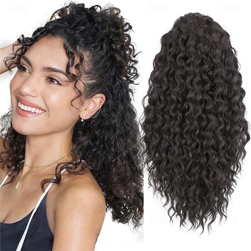 Ponytail Extension Yaki Texture Curly Drawstring Ponytail for Black Women 20 Inch Long Wavy Curly Clip in Ponytails Fake Pony Tails Hair Extensions Synthetic Hairpieces