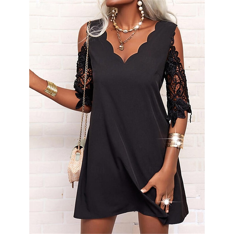 Women's Mini Dress Black Dress Lace Dress Casual Dress Cocktail Dress Vacation Streetwear Party Wedding Date Loose Fit 3/4 Length Sleeve V Neck Black Summer