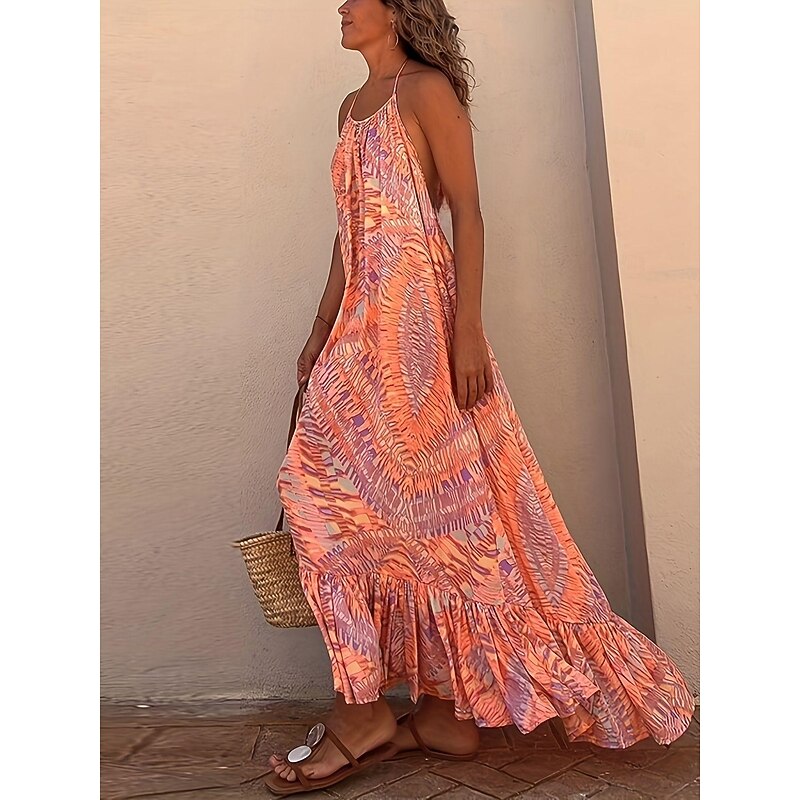 Women's Tie Dye Halter Neck Long Dress Maxi Dress Hawaiian Beach Sleeveless Summer2