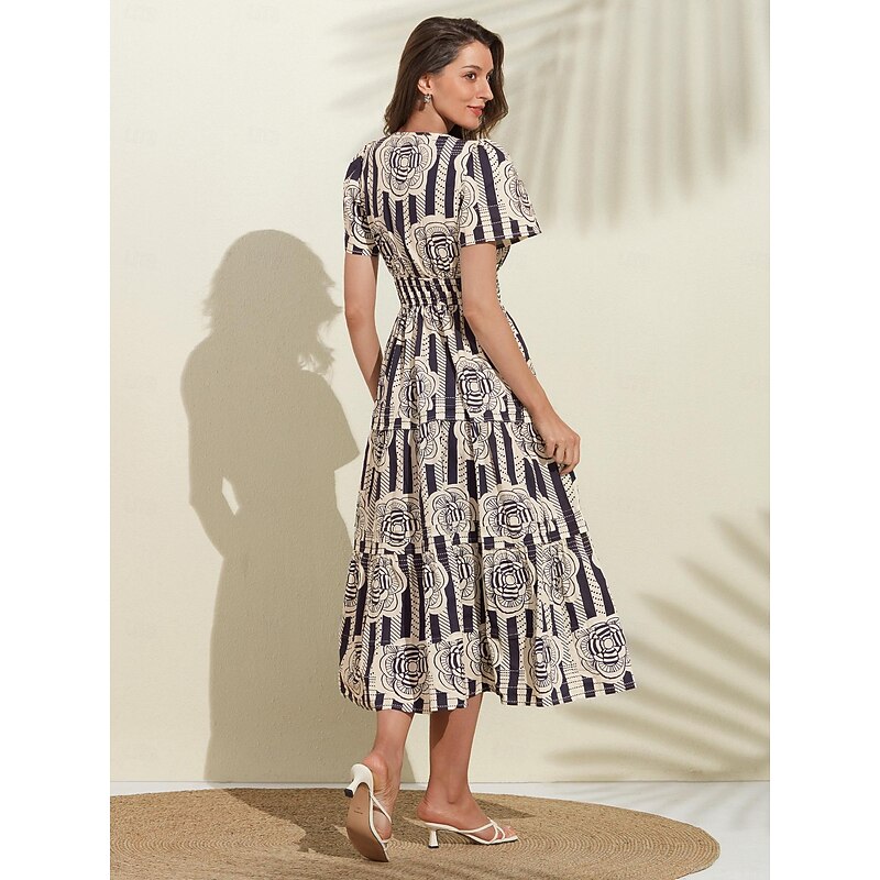 Cotton Striped V Neck Floral Puff Sleeve Dress2