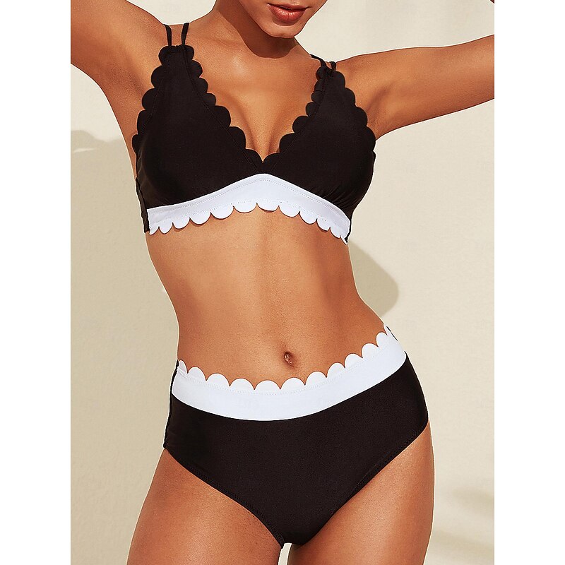Petal Border Longline Triangle Bikini Set Black And White4