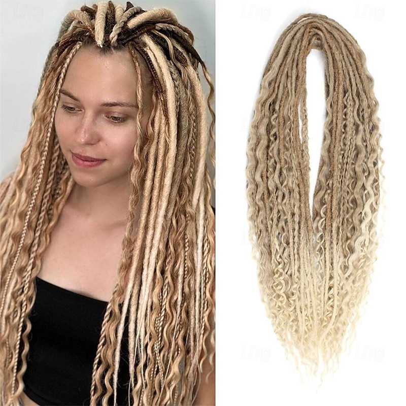 Dreadlock Extensions Double Ended 24 Inch 3 In 1 Mixed Light Brown to Blonde Dreads Set Synthetic Curly Ends Hippie Style Boho Wavy Dreads 20 Strands Handmade Dreads2