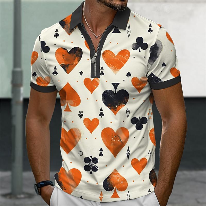 Heart Poker Men's Fashion Casual 3D Print Polo Shirt Zip Polo Outdoor Street Daily Wear Pique Polo Shirt Short Sleeve Turndown Zip Polo Shirts Red Orange Summer S M L Micro-elastic Lapel Polo3