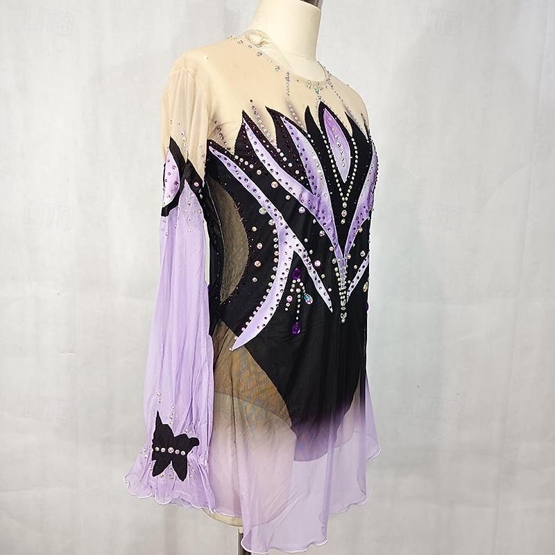 Latin Dance Ballroom Dance Gymnastics Dress Glitter Acrylic Jewels Splicing Women's Girls' Performance Party Long Sleeve Natural Elastic Mesh Elastane3