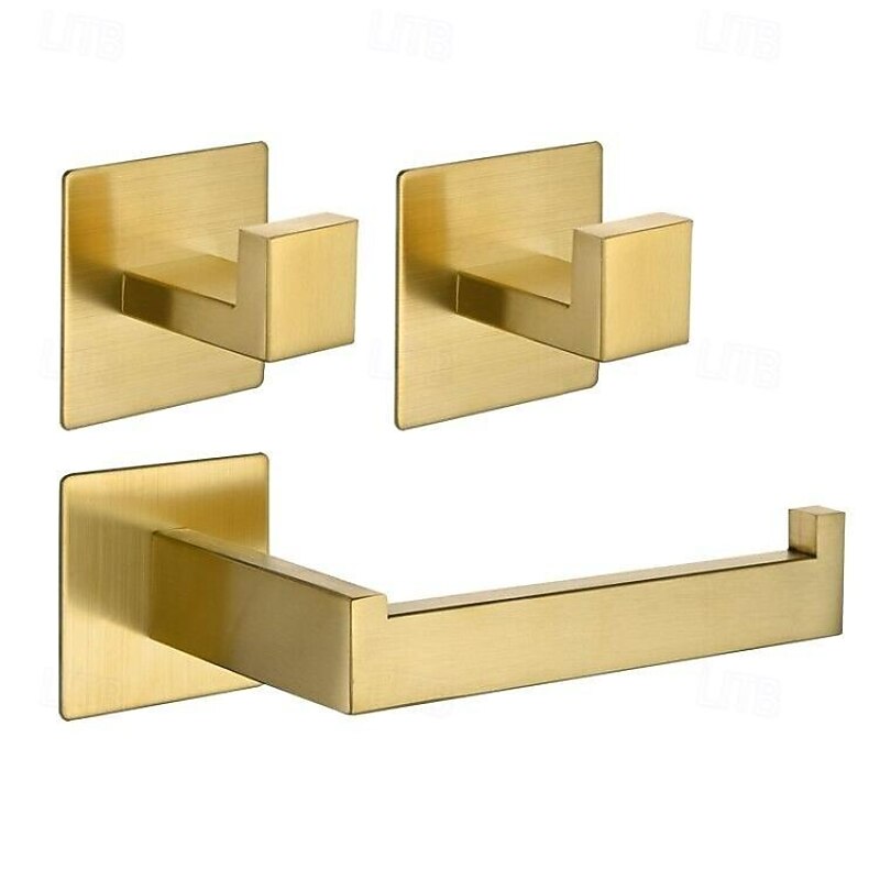 Self-Adhesive Stainless Steel Bathroom Hardware Set - Towel Ring, Toilet Paper Holder, Coat Hook - No-Drill Bathroom Accessories Kit with Adhesive Glue