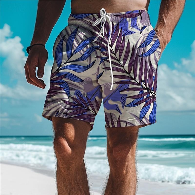 Men's Leaf Tropical Swim Trunks Swim Shorts Board Shorts Mid Waist Vacation Hawaiian Holiday Vacation Holiday Beach Drawstring with Mesh lining Elastic Waist Designer Clothing Apparel3