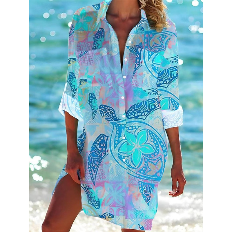 Women's Mini Dress Shirt Dress Hawaiian Shirts  Flowy  Fashion Buttons Print Long Sleeve Long  Shirt Collar Casual Holiday Beach White Blue Purple Summer Holiday Clothes Beach Wear2