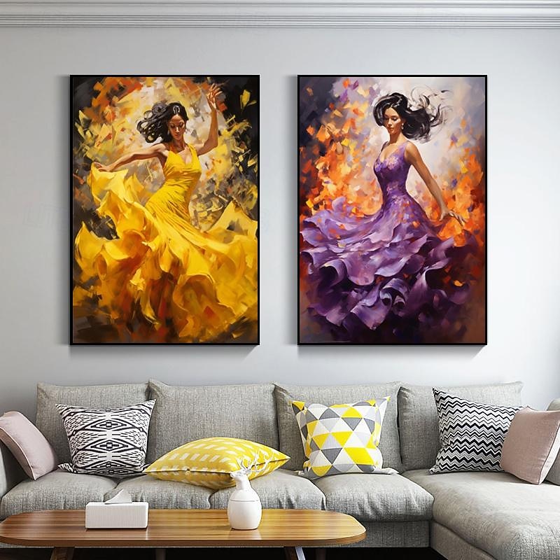 100% Hand painted Modern Oil Painting Figure Art Spanish Flamenco Dancing Canvas Paintings Wall Art Pictures for Living Room (No Frame)