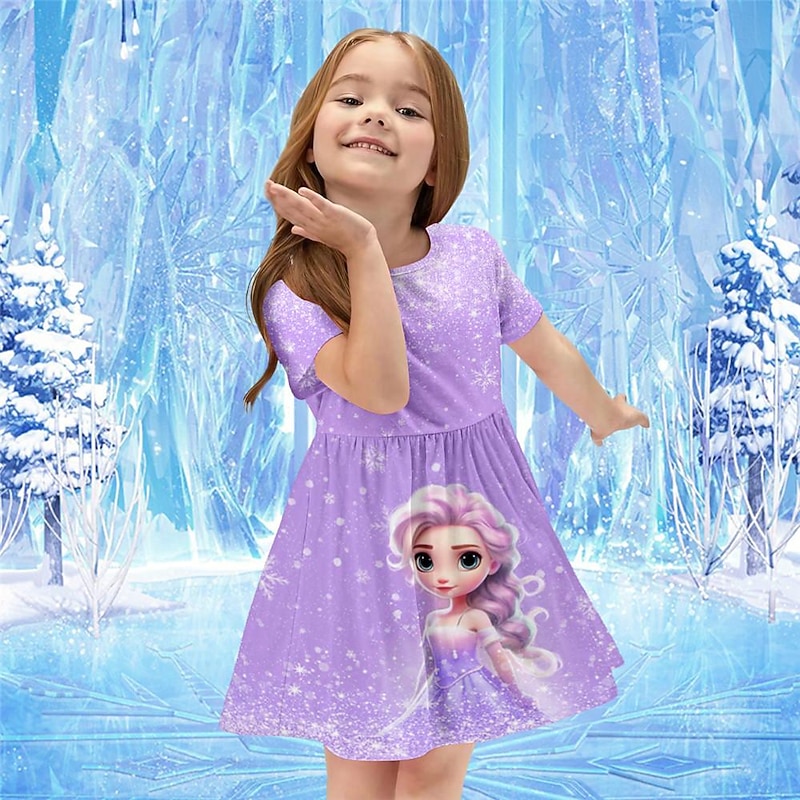 Girls' 3D Cartoon Princess Dress Pink Short Sleeve 3D Print Summer Daily Holiday Casual Beautiful Kids 3-12 Years Casual Dress Skater Dress Above Knee Regular Fit3
