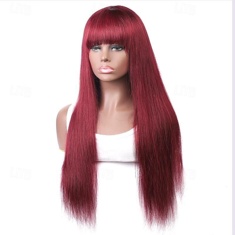 99J Wig Burg Red Bone Straight Human Hair Wig With Bangs For Women Brazilian Remy Hair Colored Halloween Cosplay Wigs3