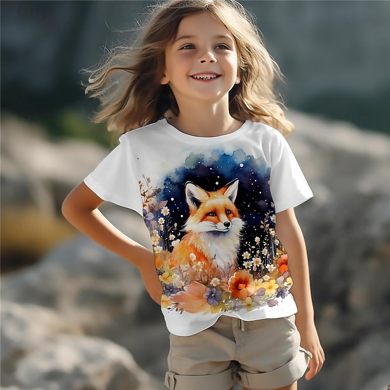 Girls' 3D Cartoon Fox Tee Shirts Short Sleeve 3D Print Summer Active Fashion Cute Kids 3-12 Years Crew Neck Outdoor Casual Daily Regular Fit3