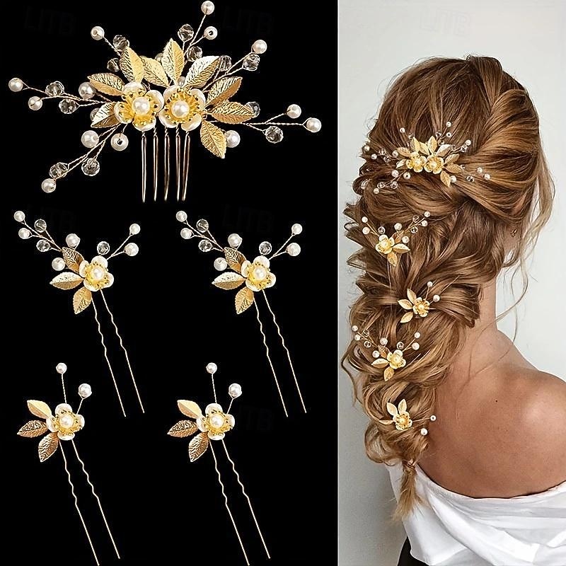 5pcs Golden Leaf Hairpin Flower Pearl Bridal Hair Fork Headwear Vintage Wedding Women's Elegant Decoration Hair Accessories