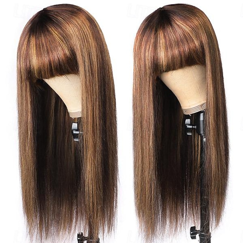 Ishow Hair Highlgiht Straight Human Hair Wigs With Bangs Fringe 180 Density Full Machine Made Straight Hair Wigs Remy Wigs3