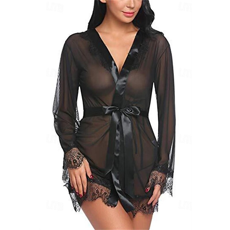 Ladies Sexy See-Through Gauze Nightgown Lace Edge Fun Set Home Outfits4
