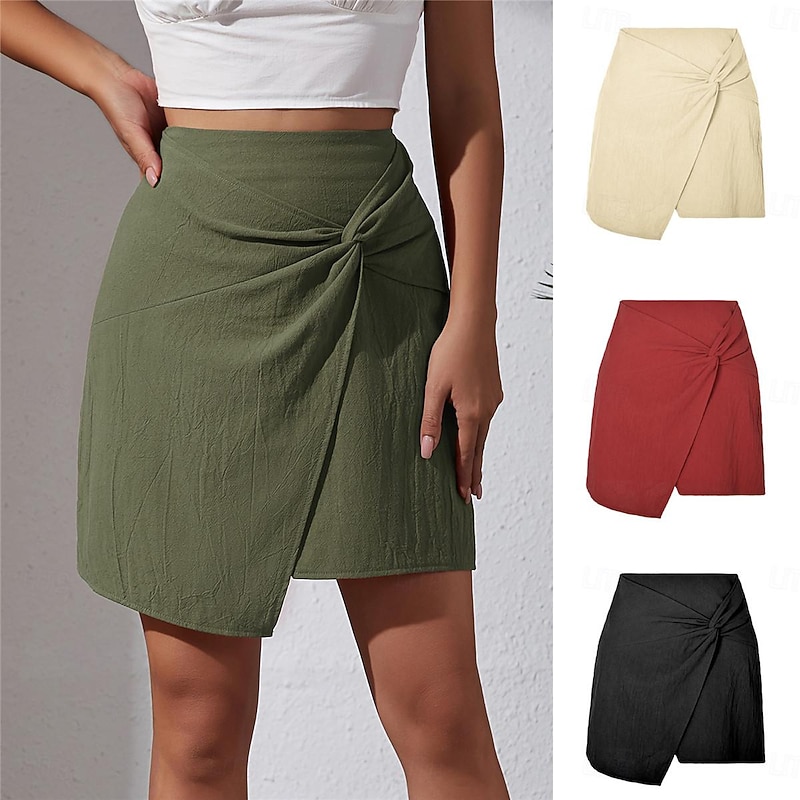 Women's Skirt Linen Skirts Basic Casual Mini High Waist Skirts Solid Colored Split Ends Casual Daily Weekend Wine Black Army Green Apricot Summer Cotton And Linen