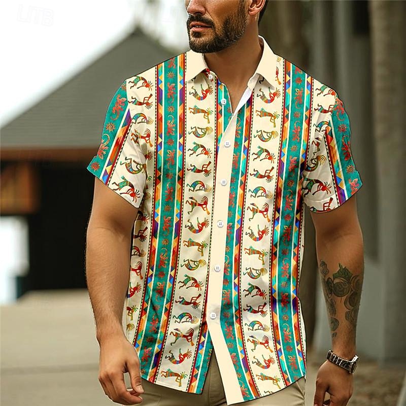 Men's Aztec Tribal Ethnic Shirt Button Up Shirt Short Sleeve Vacation Hawaiian Outdoor Hawaiian Holiday Summer All Seasons Turndown Buttons Print Pink Red Dark Navy Blue