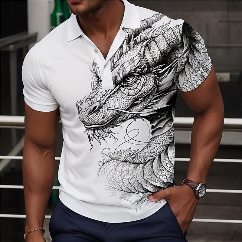 Men's Dragon Polo Shirts Golf Shirt Short Sleeve Polo Shirts Collared Shirts Casual Funny Streetwear Vacation Wear Party Outfits Buttons 3D Print Summer Wine Green Gray