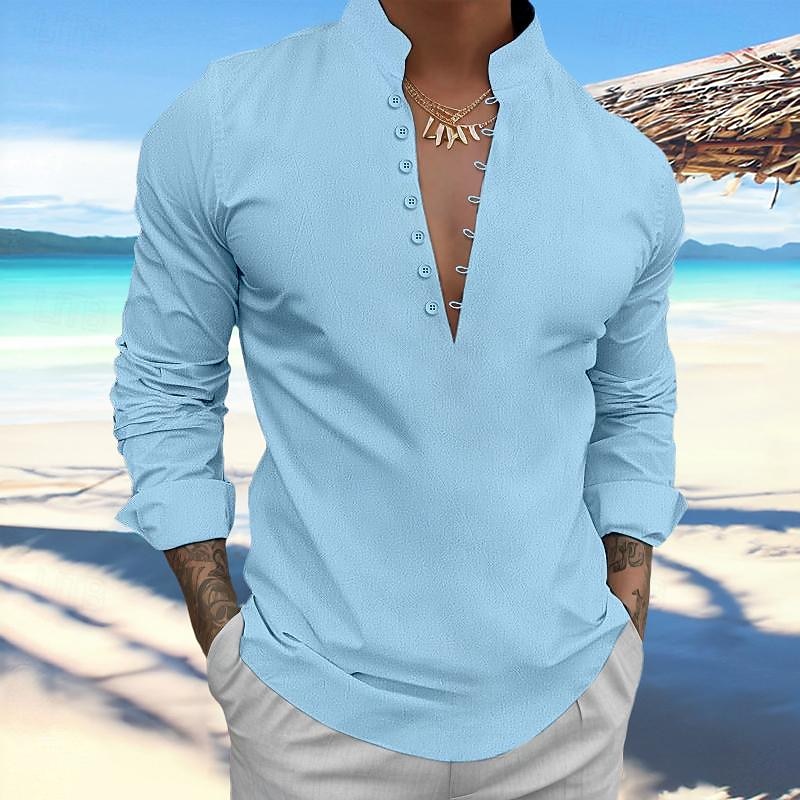Men's Shirt Linen Shirt Popover Shirt Summer Shirt Beach Wear Plain Vacation Curise Black White Blue Sky Blue Long Sleeve Stand Collar Spring & Summer Clothing Apparel