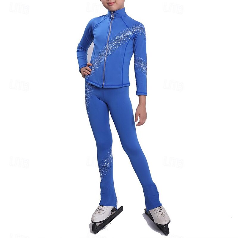 Figure Skating Jacket with Pants Women's Girls' Ice Skating Tights Outfits Royal Blue High Elasticity Training Practice Professional Skating Wear Thermal Warm Crystal / Rhinestone Long Sleeve Ice2