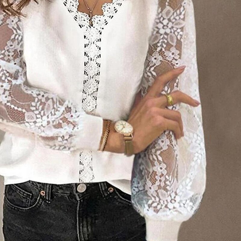 Shirt Lace Shirt Blouse Mesh Patchwork Top Women's White Solid Color Lace Street Daily Fashion V Neck S2