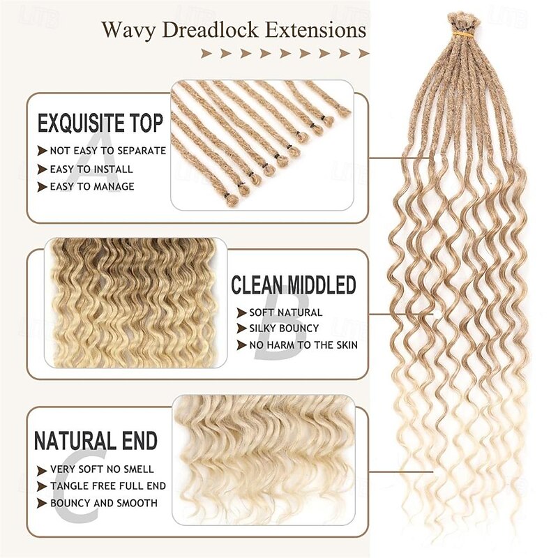 24 Inch Synthetic Wavy Dreadlock Extensions 20 Strands 0.6 cm Soft Thin SE Dread Extensions Handmade Reggae Crochet Hair Hip-Hop Style Pre Looped Dreadlock Extensions for Women 27/613#3