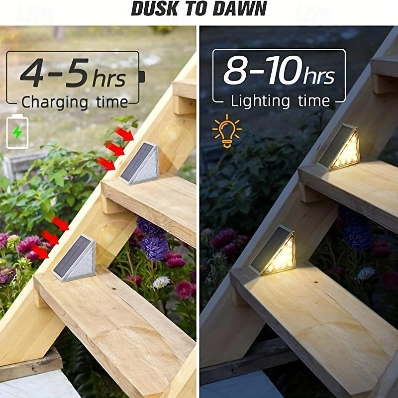 2/6pcs Solar Step Lights, Outdoor Deck Lights Triangle Solar Deck Lights IP67 Waterproof Auto on Off Decoration Lights for Stair Patio Yard, Driveway, Porch, Front Door, Sidewalk, Warm White3