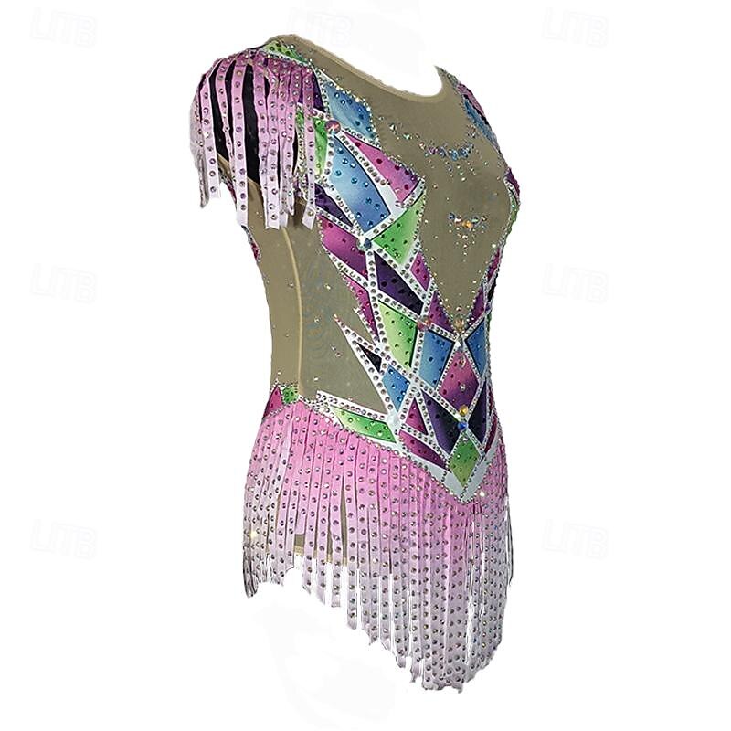 Figure Skating Dress Women's Girls' Ice Skating Dress Multi color Patchwork Tassel Mesh Spandex Stretchy Training Practice Professional Skating Wear Crystal / Rhinestone Short Sleeve Figure Skating2