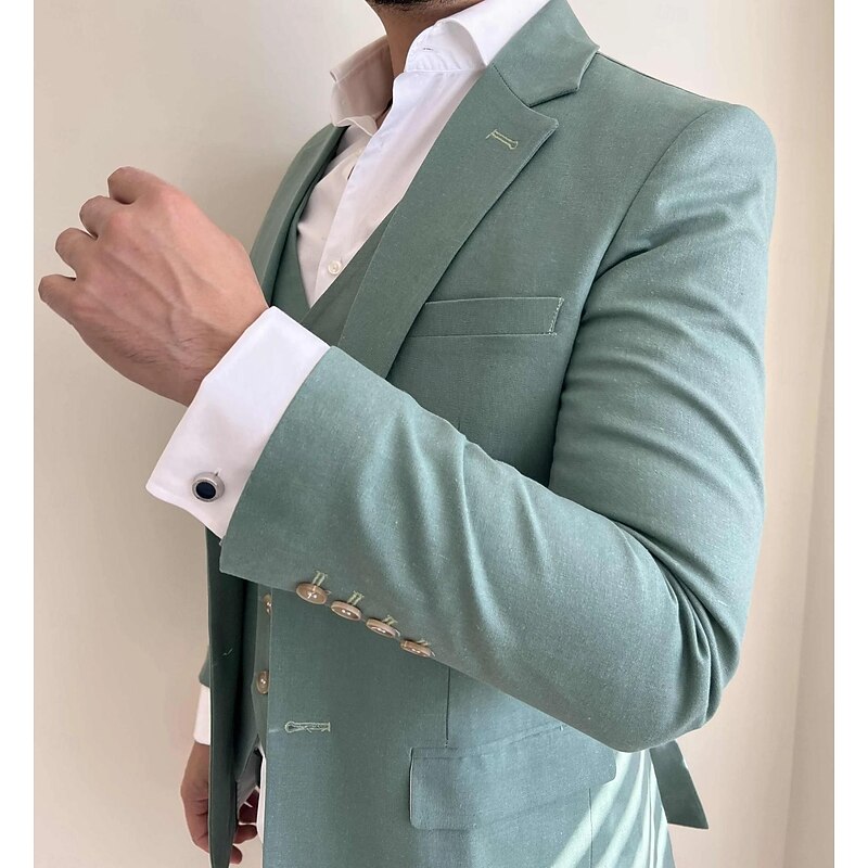 Men's Wedding Suits Notch Sage Formal Solid Colored Tailored Fit 3 Piece Single Breasted Two-buttons3