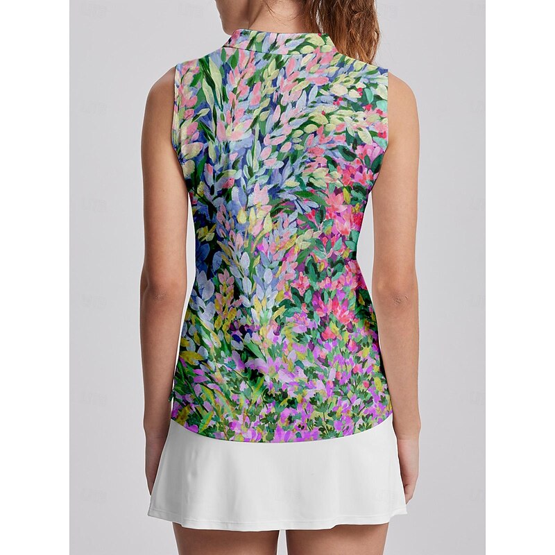 Women's Golf Polo Shirt Pink Sleeveless Top Floral Ladies Golf Attire Clothes Outfits Wear Apparel2