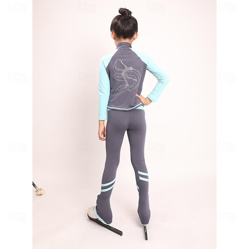 Figure Skating Jacket with Pants Women's Girls' Ice Skating Tights Outfits Light Grey High Elasticity Training Practice Professional Skating Wear Thermal Warm Crystal / Rhinestone Long Sleeve Ice2