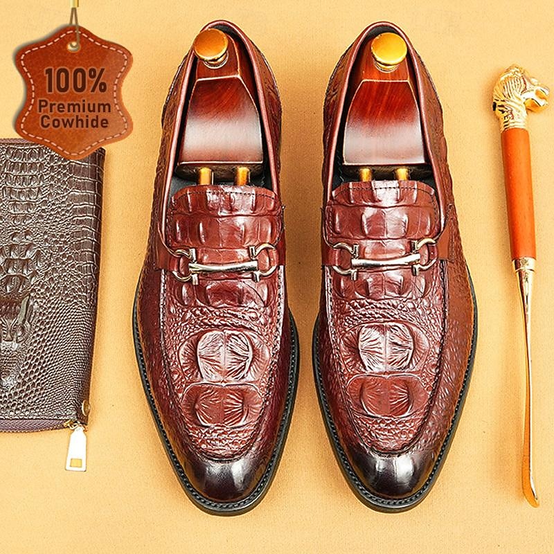 Men's Genuine Leather Crocodile Pattern Loafers with Metal Bit – Luxury Slip-On Dress Shoes for Business, Weddings & Formal Occasions