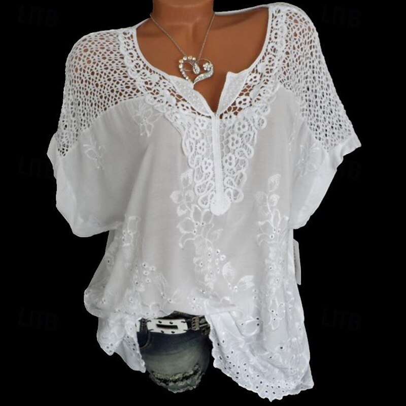 Women's White Bohemian Blouse Lace V-Neck Openwork Embroidery Casual Flowy Oversized Short Sleeve Summer Fashion Top One Size3
