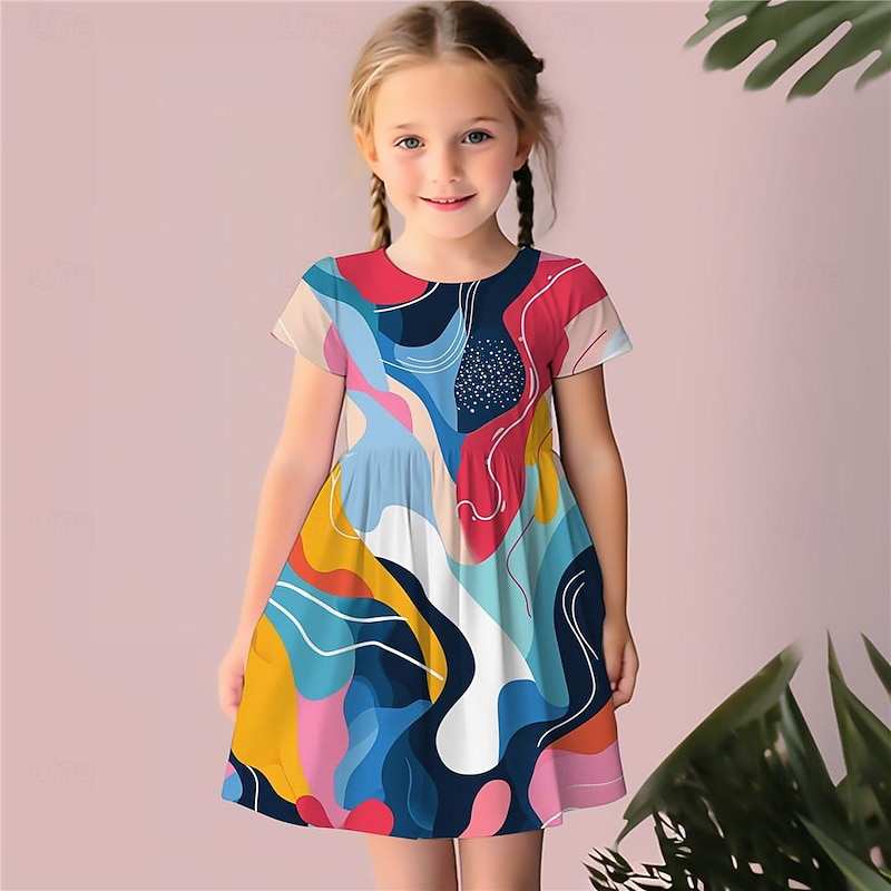 Girls' 3D Geometric Dress Pink Short Sleeve 3D Print Summer Daily Holiday Casual Beautiful Kids 3-12 Years Casual Dress Skater Dress Above Knee Regular Fit2