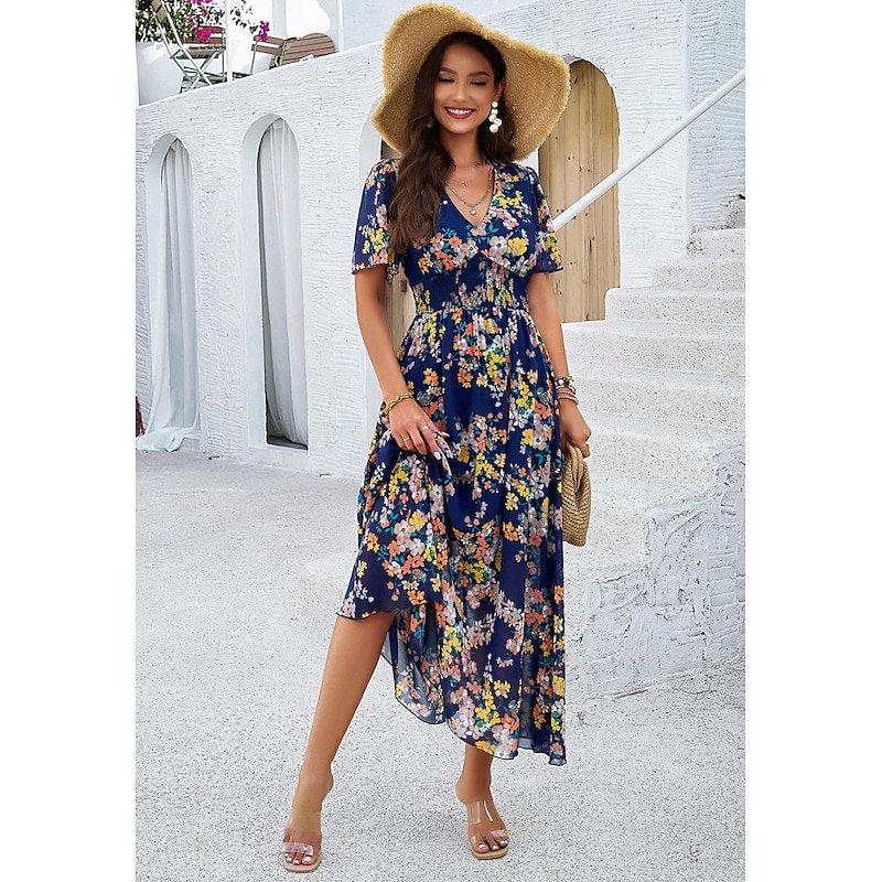 Women's Sheath Dress Chiffon Dress Sundress Floral Graphic Elastic Waist Print V Neck Cold Shoulder Long Dress Maxi Dress Elegant Tropical Party Date Short Sleeve Summer Spring 7