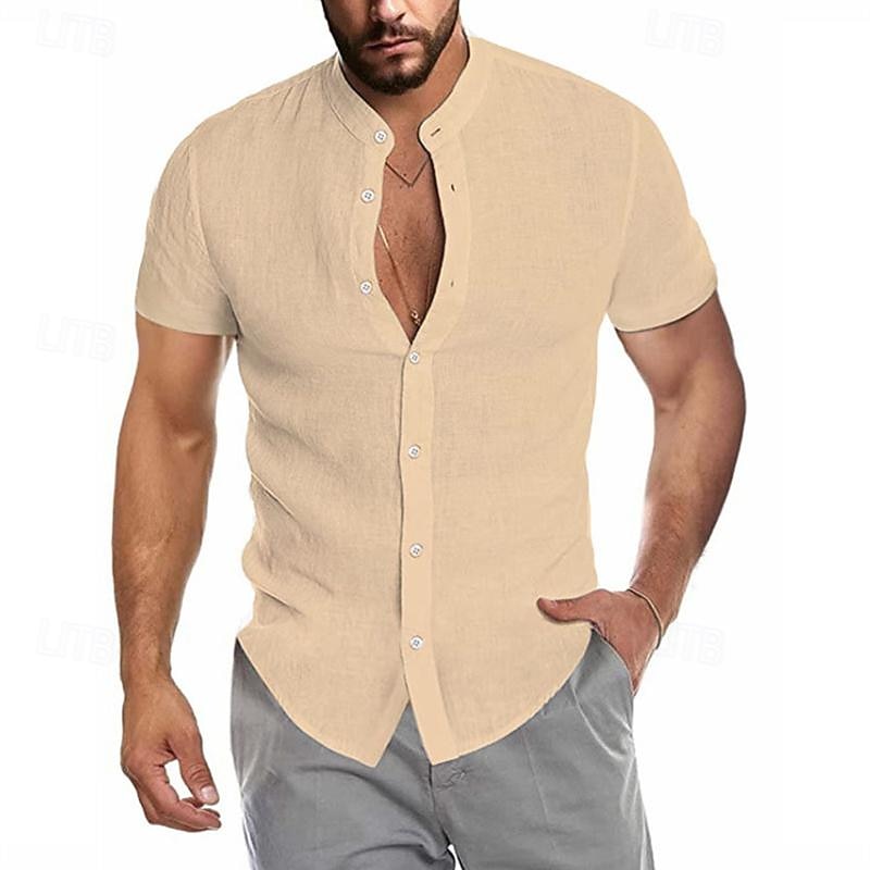 Men's Shirt Chinese Collar Shirt Mandarin Collar Shirt Summer Shirt Casual Shirt Beach Shirt Navy Blue khaki Short Sleeve Plain Grandad Collar Collar Vacation Hawaiian Clothing Apparel Polyester2