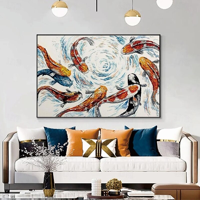 Handmade Hand Painted Oil Painting Wall Modern Abstract Large Koi Fish Abstract Painting Original Koi Fish Art Feng Shui Painting FISH POND No Frame Unstretched2