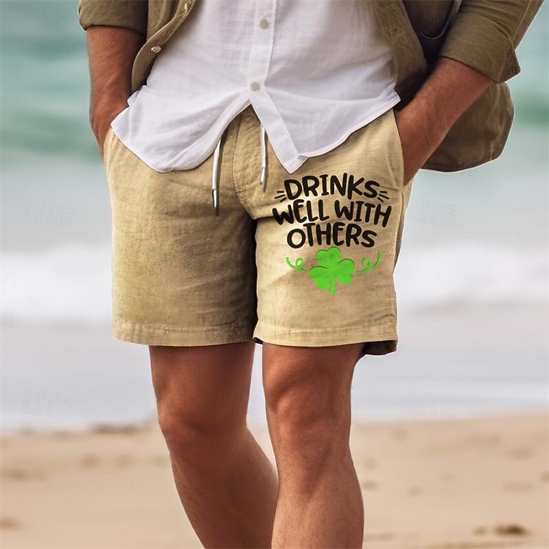Men's Four Leaf Clover Shorts Summer Shorts Beach Shorts Mid Waist Hawaiian Casual Holiday St. Patrick's Day Drawstring Elastic Waist Print Designer Clothing Apparel