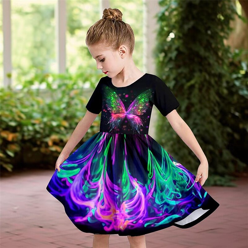 Girls' 3D Butterfly Dress Short Sleeve 3D Print Summer Daily Holiday Casual Beautiful Kids 3-12 Years Casual Dress Skater Dress Above Knee Regular Fit3