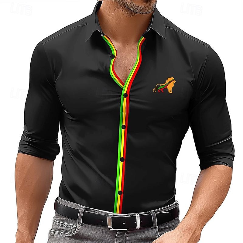 Men's Dress Shirt Printed Shirts Lion Street Wear to work Black Dark Navy Fuchsia Long Sleeve Turndown Spring & Summer Clothing Apparel Print