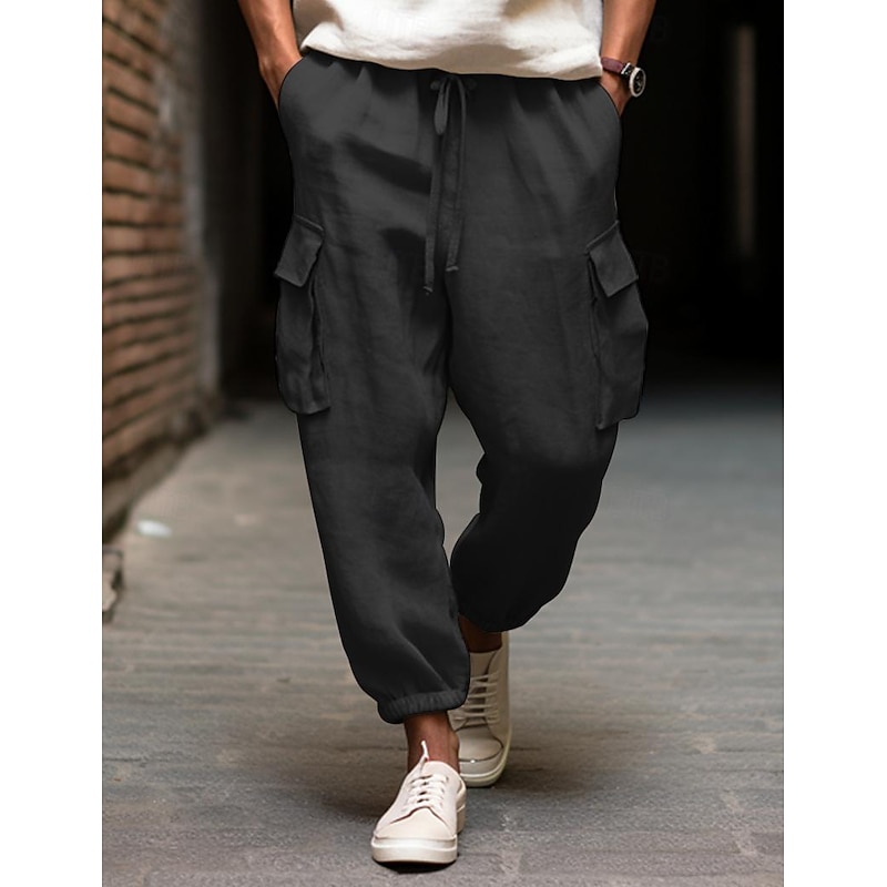 40% Linen Men's Linen Pants Trousers Summer Pants Pocket Drawstring Elastic Waist Plain Breathable Comfortable Daily Vacation Going out Classic Casual Black White3