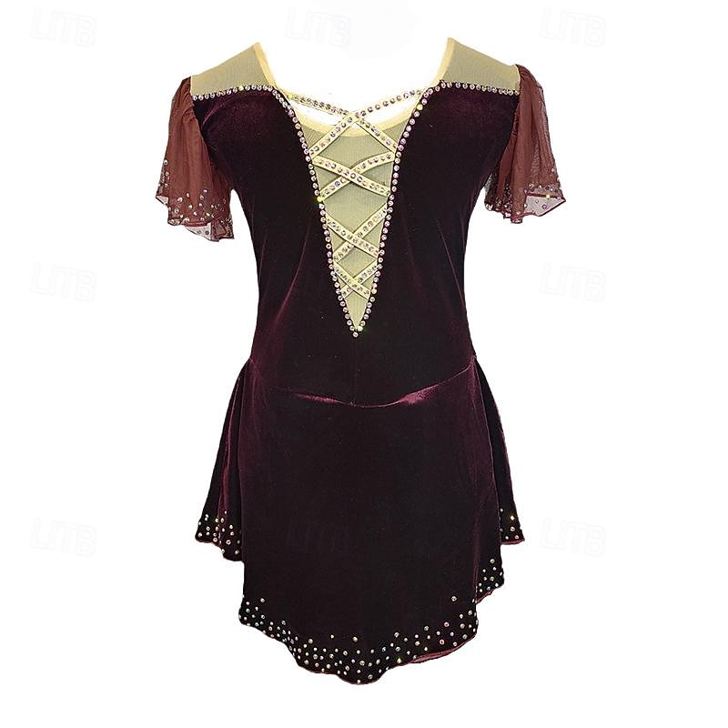 Figure Skating Dress Women's Girls' Ice Skating Dress Burgundy Patchwork Asymmetric Hem Mesh Spandex Stretchy Training Practice Professional Skating Wear Crystal / Rhinestone Short Sleeve Figure2