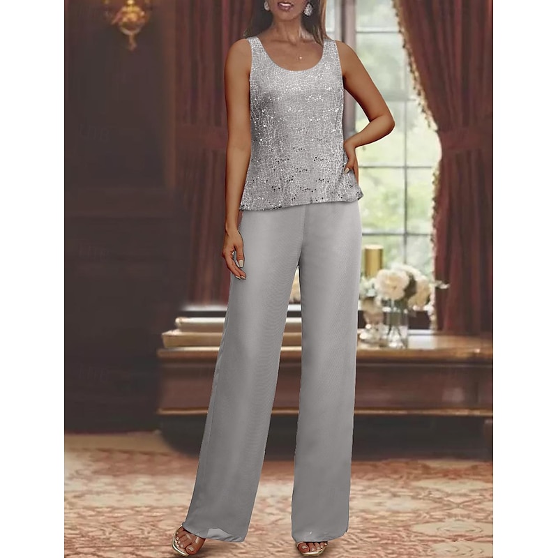 Pantsuit 3 Piece Beach Wedding Mother of the Bride  Wedding Guest Elegant Scoop Neck Floor Length Chiffon Lace Sleeveless Wrap Included with Sequin4