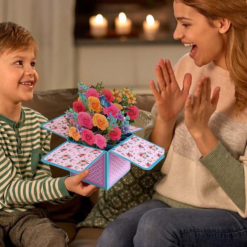 Women's Day Gifts Paper Pop Up Flowers Greeting Card Colored Rose 3D Pop-up Mother's Day Gifts for MoM4